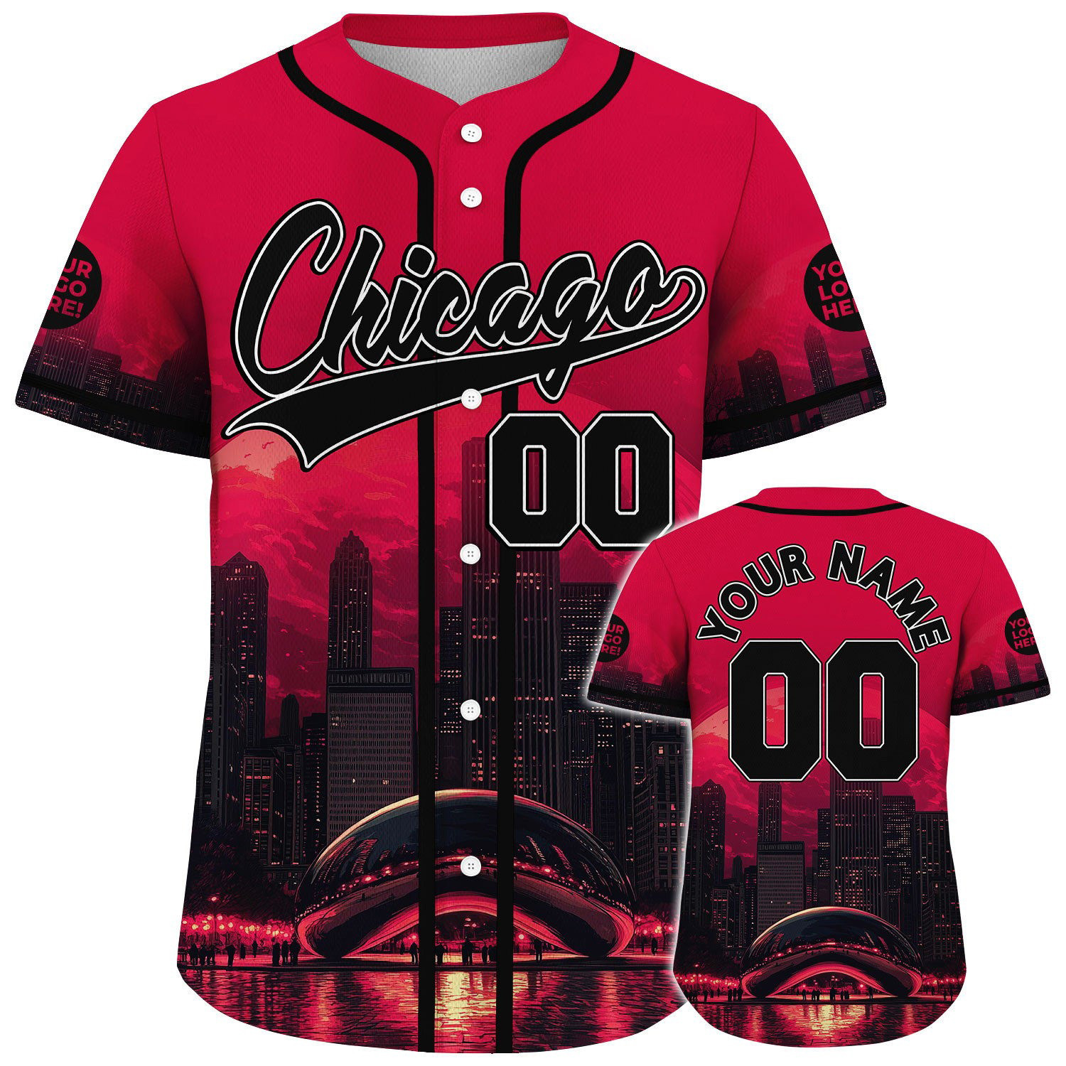 Custom Black Red Chicago Illinois The Bean Cloud Gate City Night Full Moon Baseball Jerseys