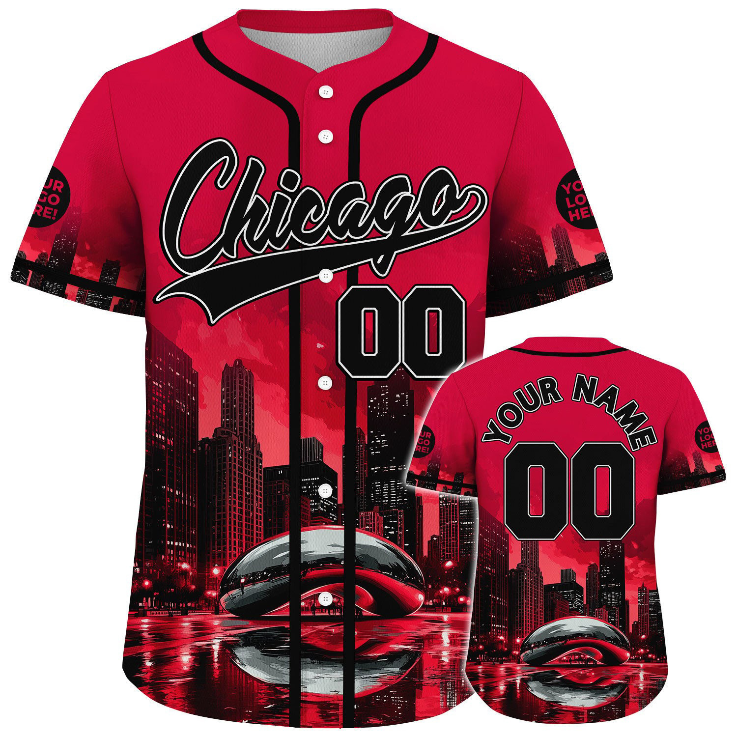 Custom Black Red Chicago Illinois The Bean Cloud Gate City Night Skyline Baseball Jerseys