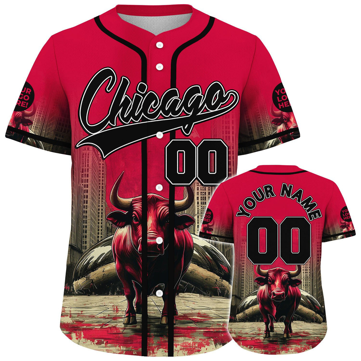 Custom Black Red Chicago Illinois The Bean Cloud Gate Powerful Bull Baseball Jerseys Men Gifts
