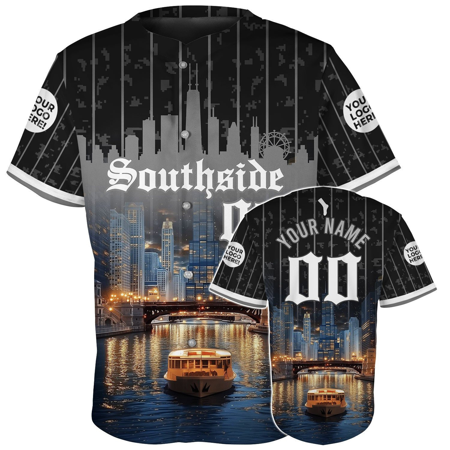 Custom Chicago South River At Night Skyline Iconic Bridges Baseball Jerseys Gift For Him