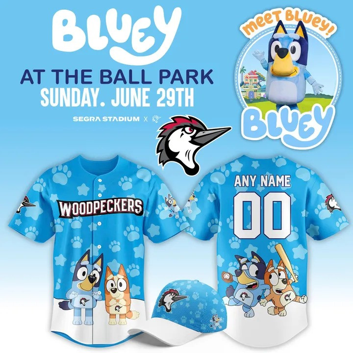 Custom Fayetteville Woodpeckers x Bluey Baseball Jersey 2025 Gifts For Baseball Fans