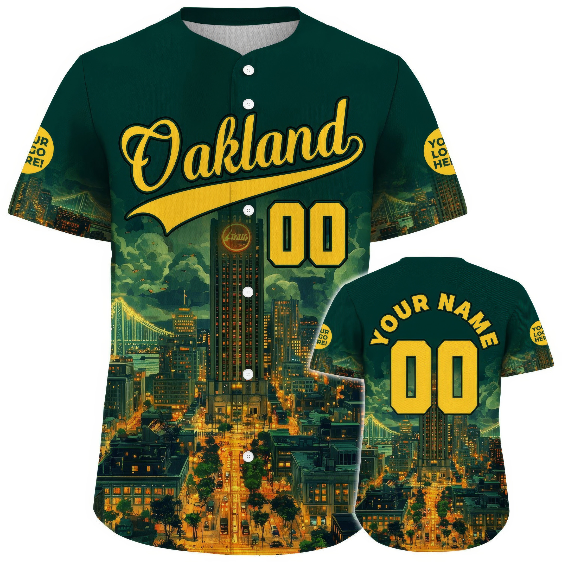 Custom Golden Green Oakland California Tribune Building Bay Bridge Glowing Baseball Jerseys