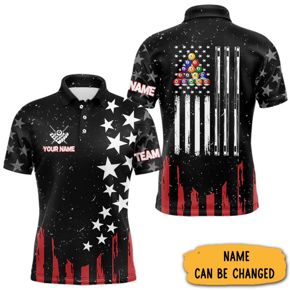 Custom Grunge American Flag Billiard Polo Shirt For Men Patriotic Billiard Pool Shirt