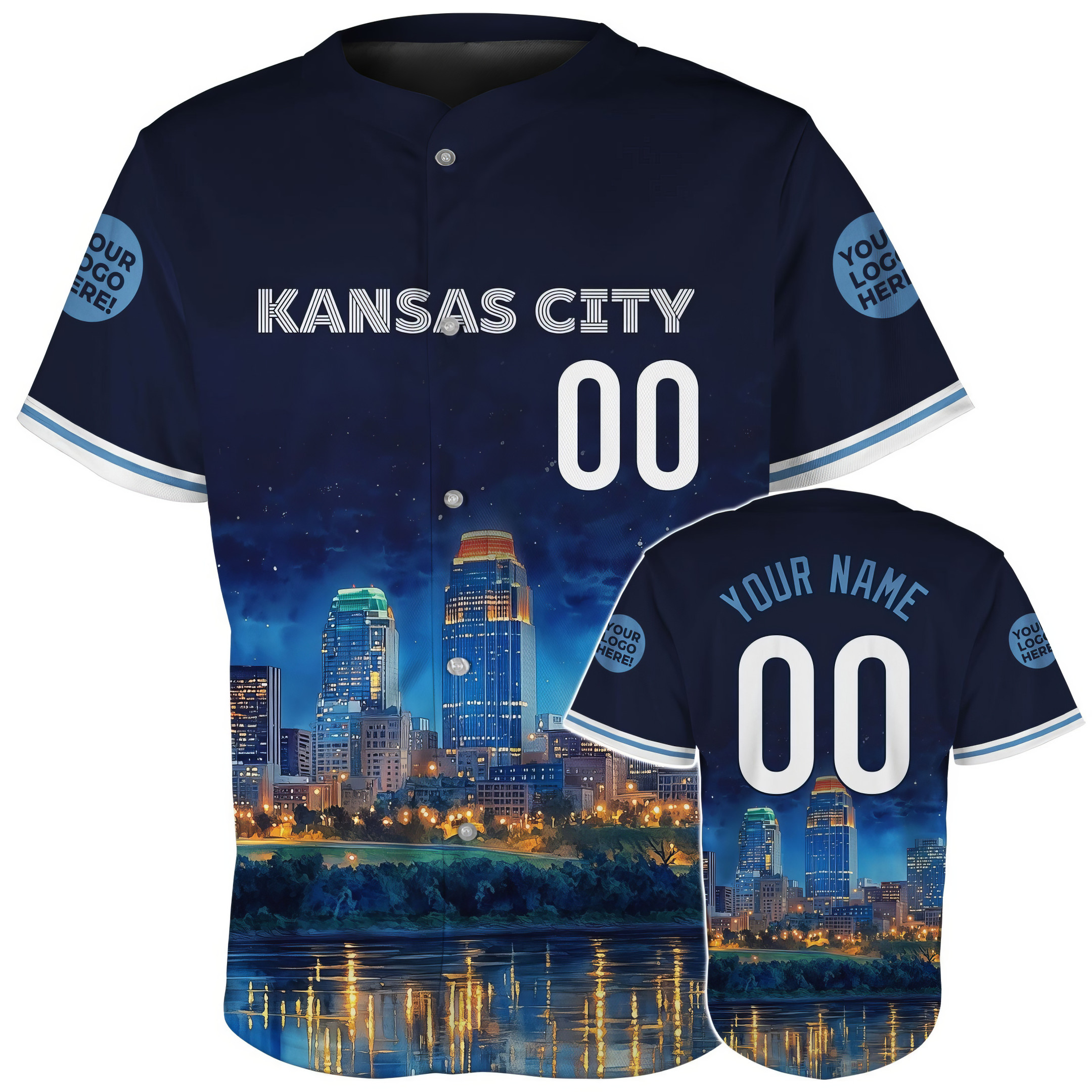 Custom Kansas City Skyline At Night Baseball Jersey Football Fan Gift Ideas