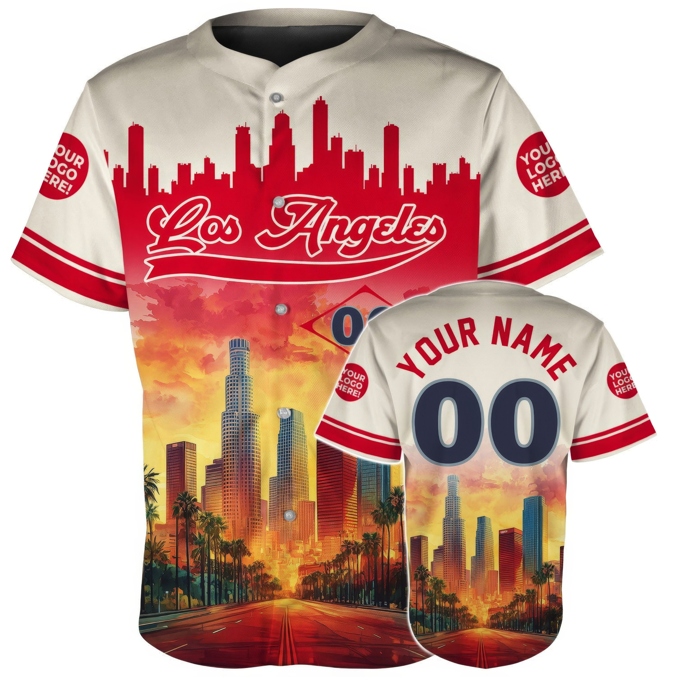 Custom Los Angeles Downtown Skyline And Palm-Lined Streets Baseball Jersey Dad Gifts