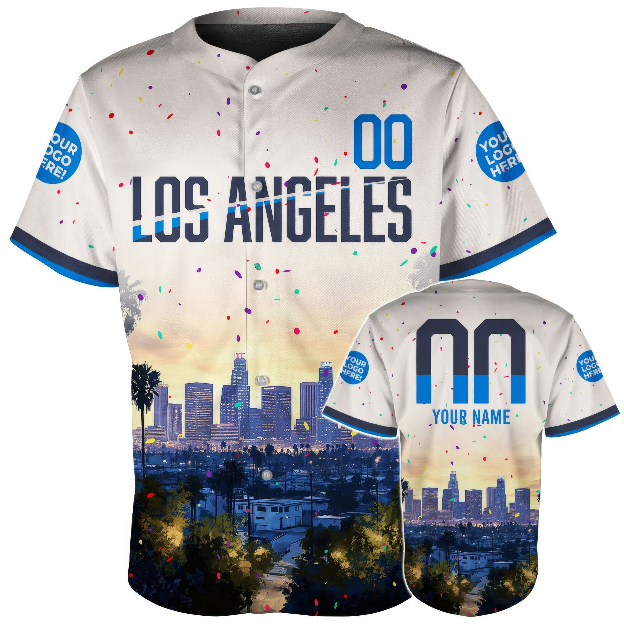 Custom Los Angeles Downtown Skyline And Palm Trees Baseball Jersey Gifts For Him