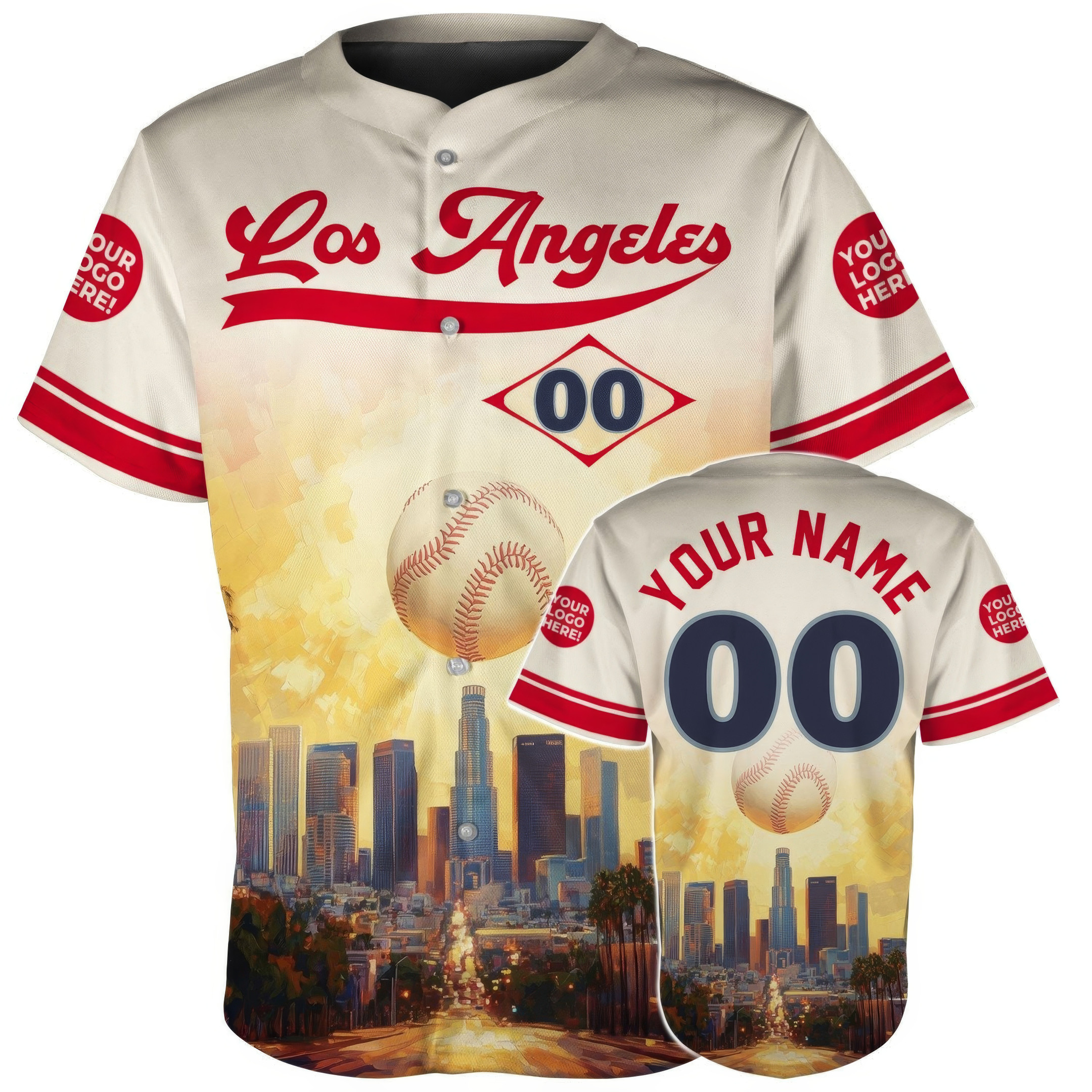 Custom Los Angeles Downtown Skyline Baseball Sunset Baseball Jersey Gift For Men