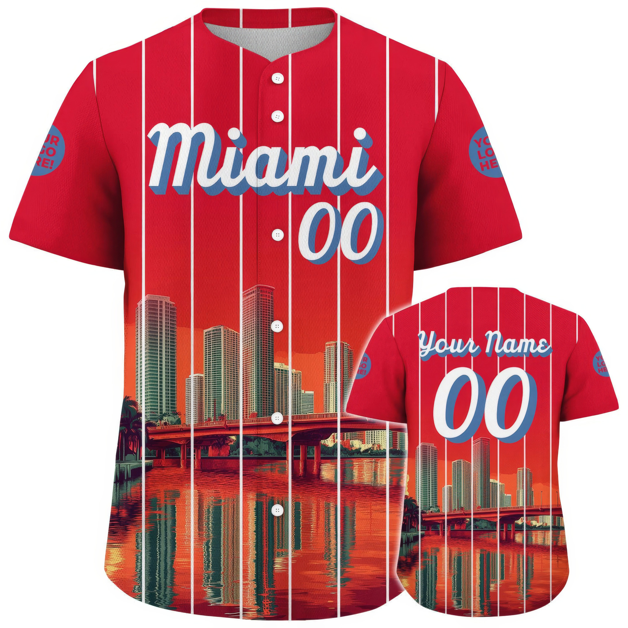 Custom Miami City Skyline Bridge And Towers At Dawn Baseball Jersey Gift For Men