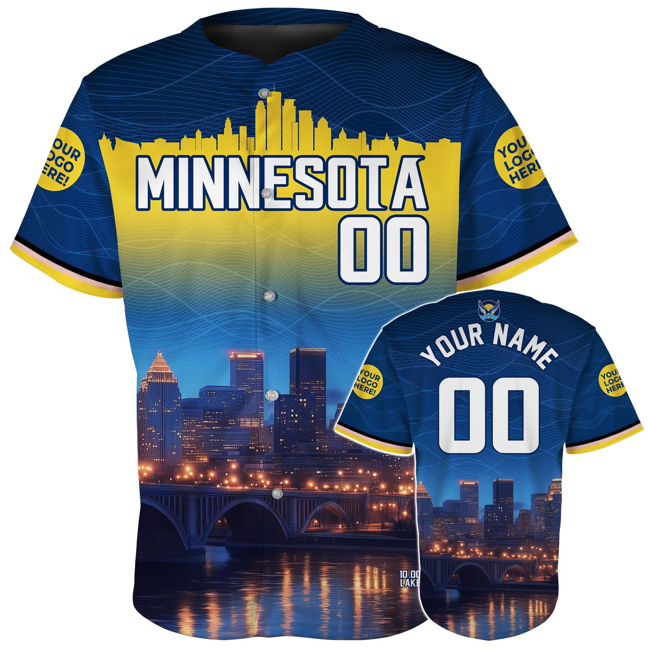 Custom Minnesota Minneapolis Skyline Stone Arch Bridge At Night Baseball Jersey Gifts For Men