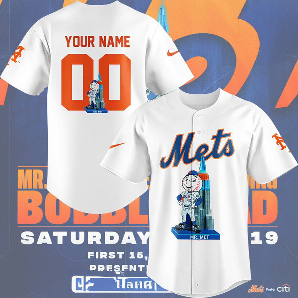 Custom New York Mets x Mr. Met Empire State Building Bobblehead Baseball Jersey