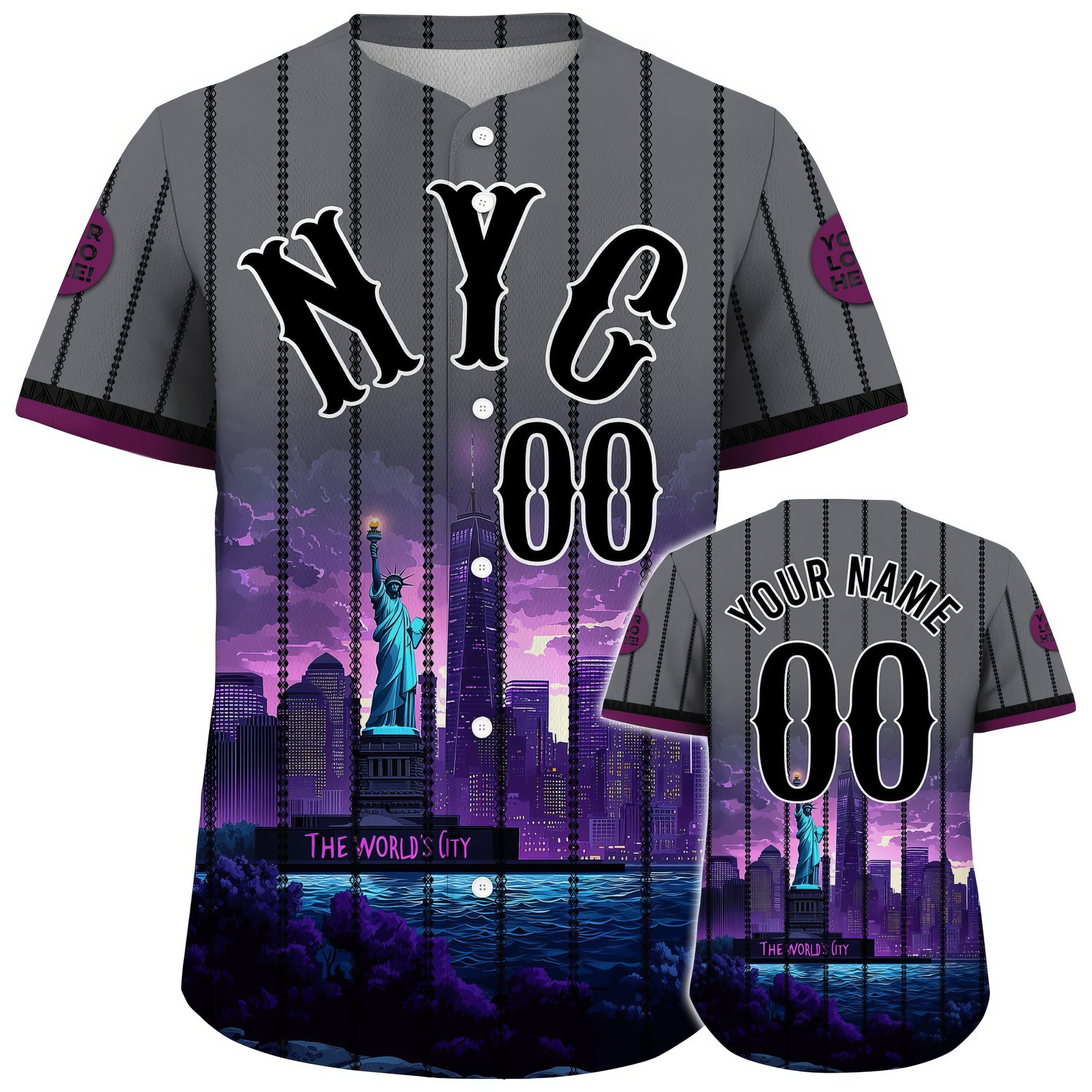 Custom New York Statue of Liberty NYC Skyline At Night Baseball Jersey Gift For Husband