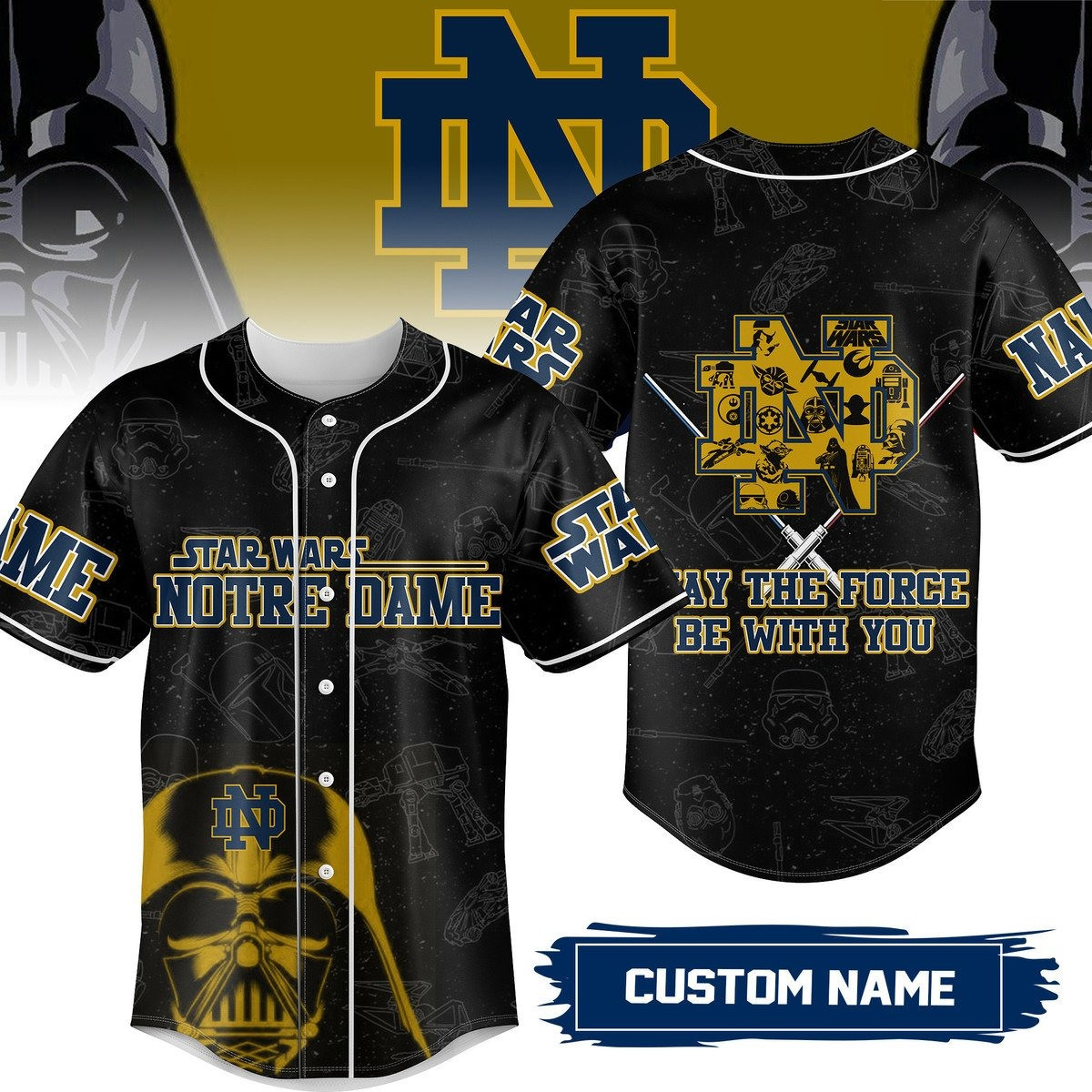 Custom Notre Dame Star Wars Baseball Jersey Darth Vader May The Force Be With You
