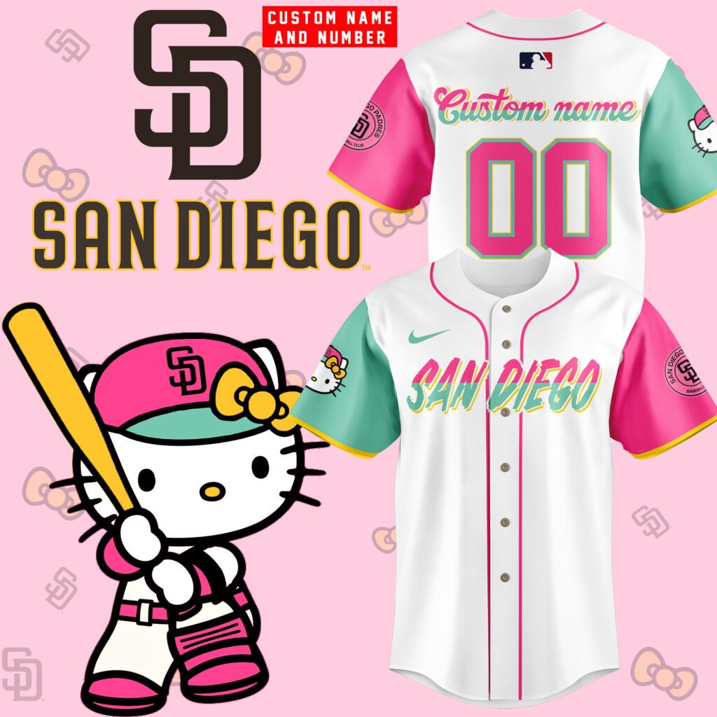 Custom San Diego Padres x Hello Kitty Night Jersey MLB Merch Cute Gifts For Padres Fans
