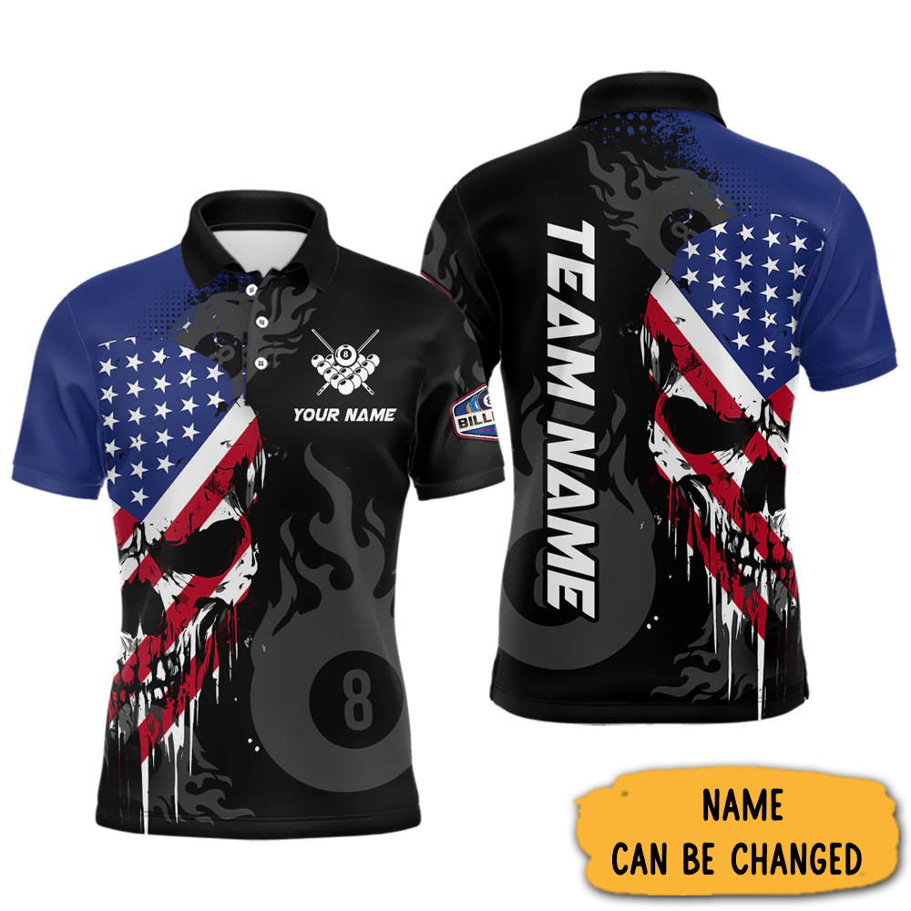 Custom Skull 8 Ball Pool Billiard American Flag Polo Shirt Patriotic Billiard Team Gifts