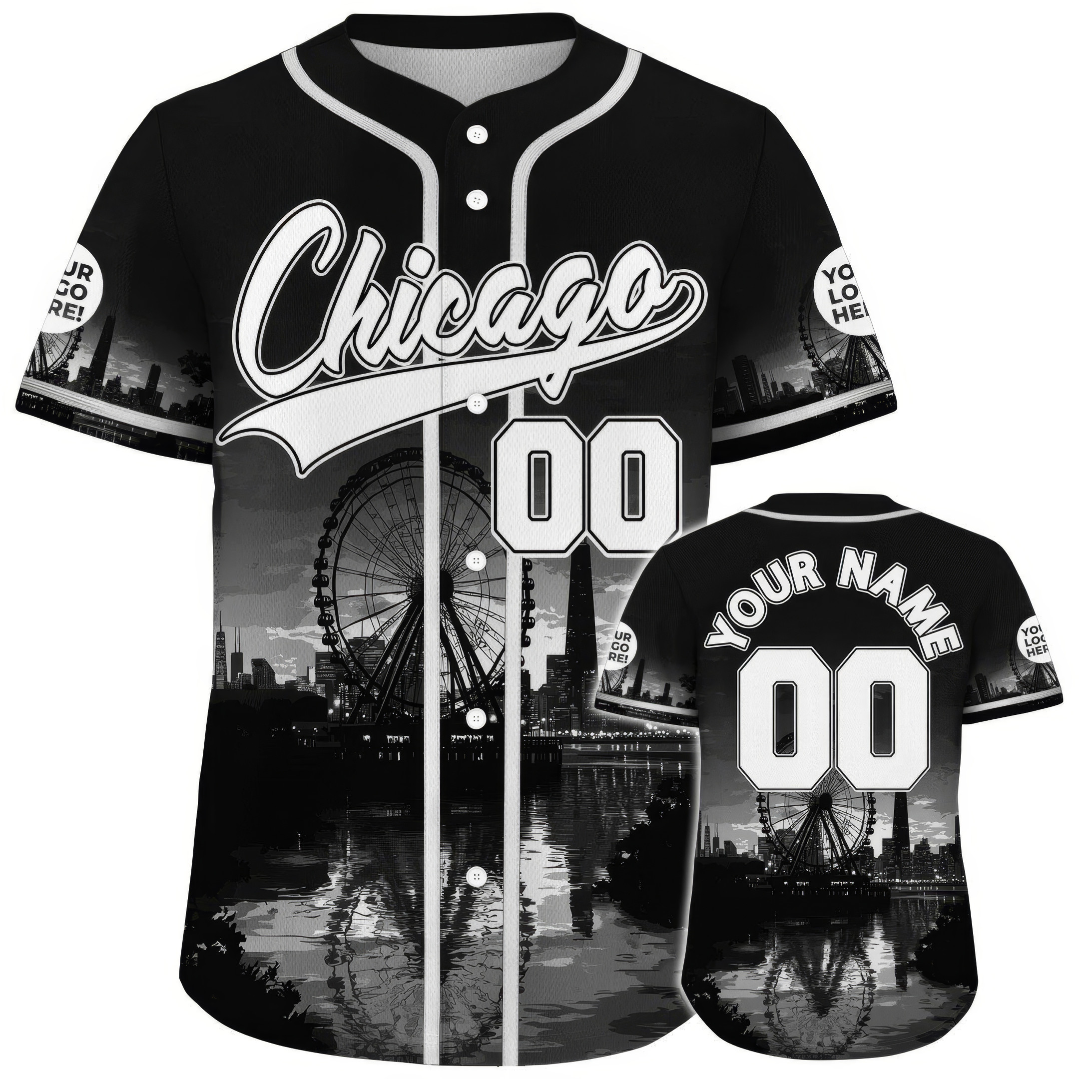 Custom White Black Chicago Illinois Centennial Wheel Willis Tower Baseball Jersey