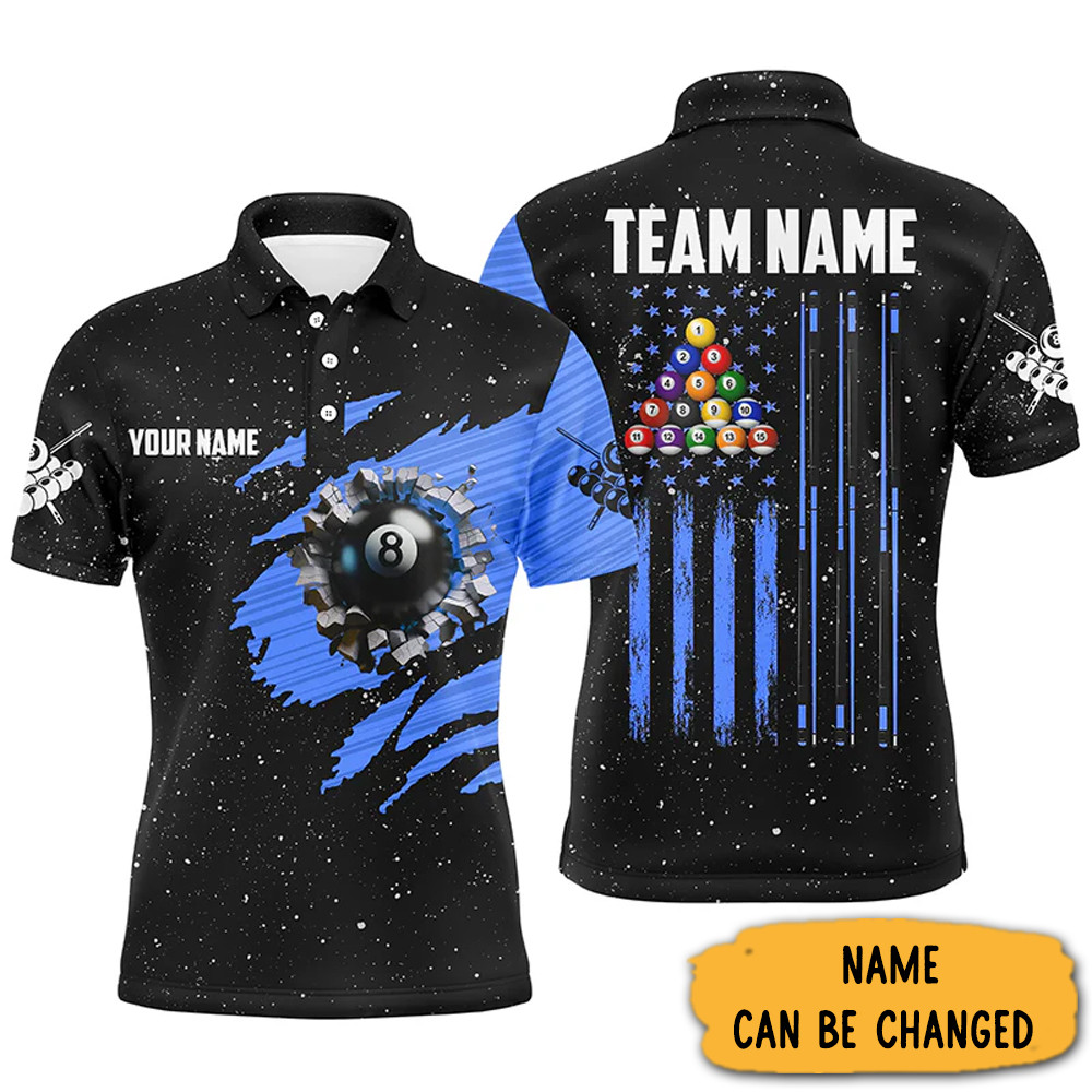 Customized Grunge American Flag 8 Ball Pool Billiard Polo Shirts Pool Players Gifts