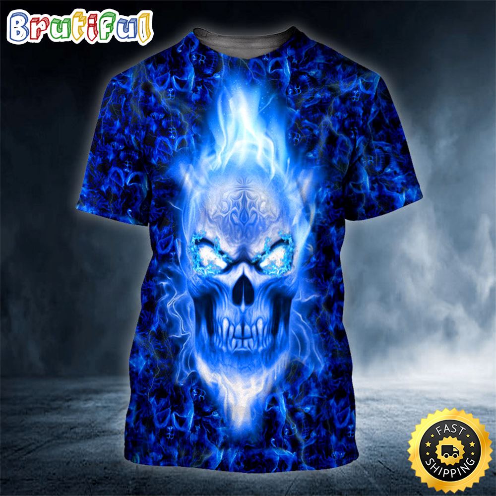 Dark Blue Flame Skull Horror Skull 3D Shirt All Over Print T-shirt