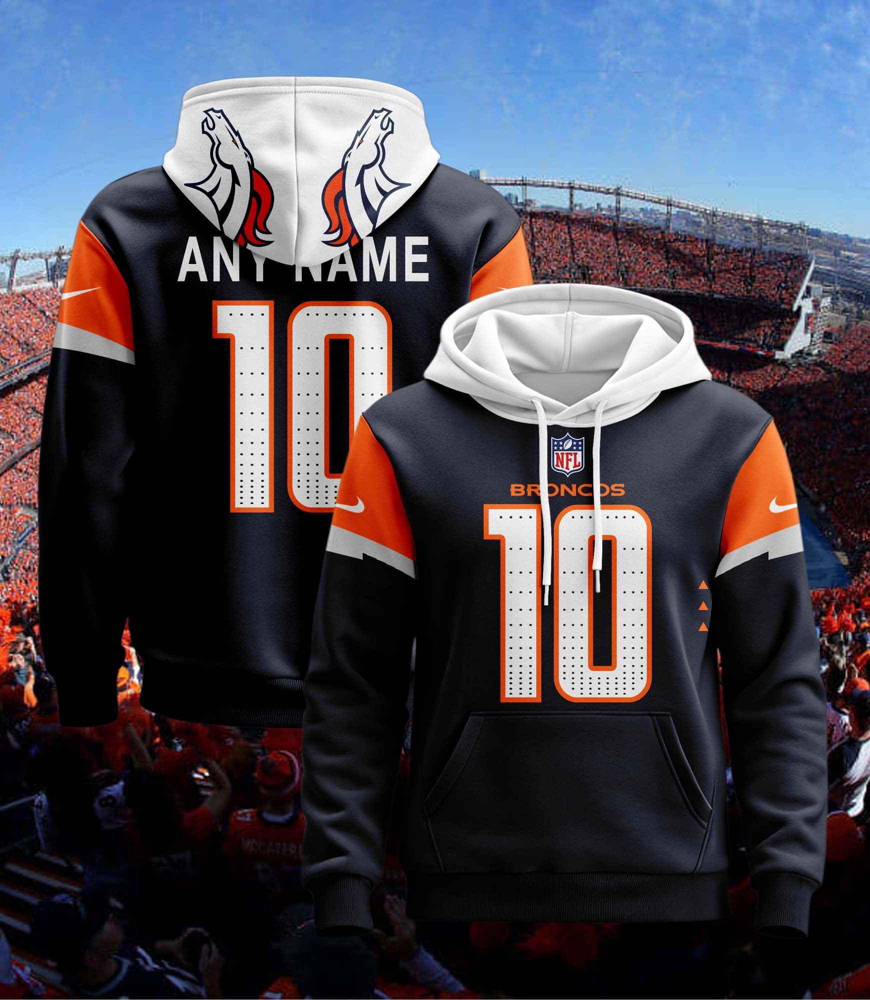 Denver Broncos Personalized Name And Number NFL 3D Hoodie Style 9 Gift For Sport Music Fans