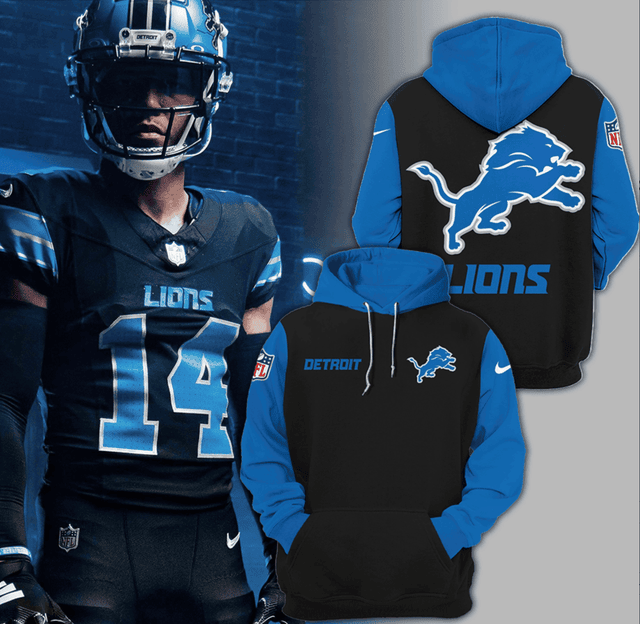Detroit Lions Blue and Black V10 NFL 3D Hoodie Gift For Sport Music Fans