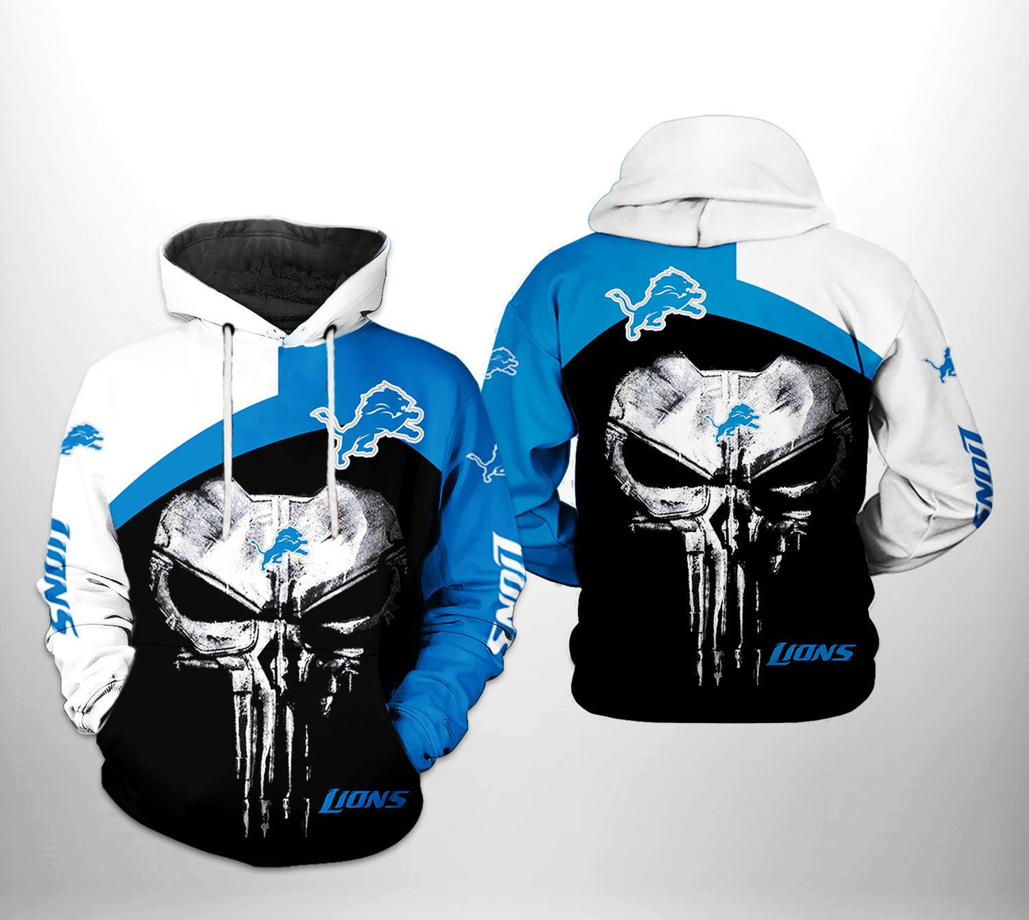Detroit Lions NFL Skull Punisher Team Hoodie Zip Hoodie
