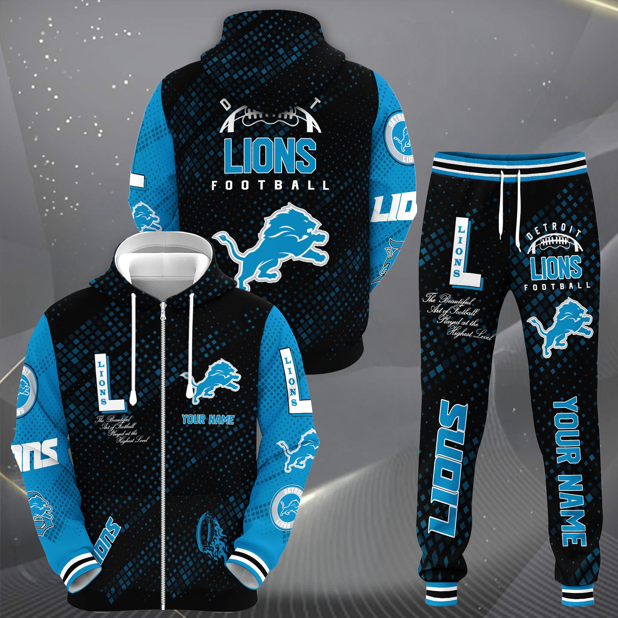 Detroit Lions Zip Up Hoodie Joggers Set Custom Your name, Sport Zip Up Hoodie Joggers Set, Sport Gifts For Fan Gift For Sport Music Fans