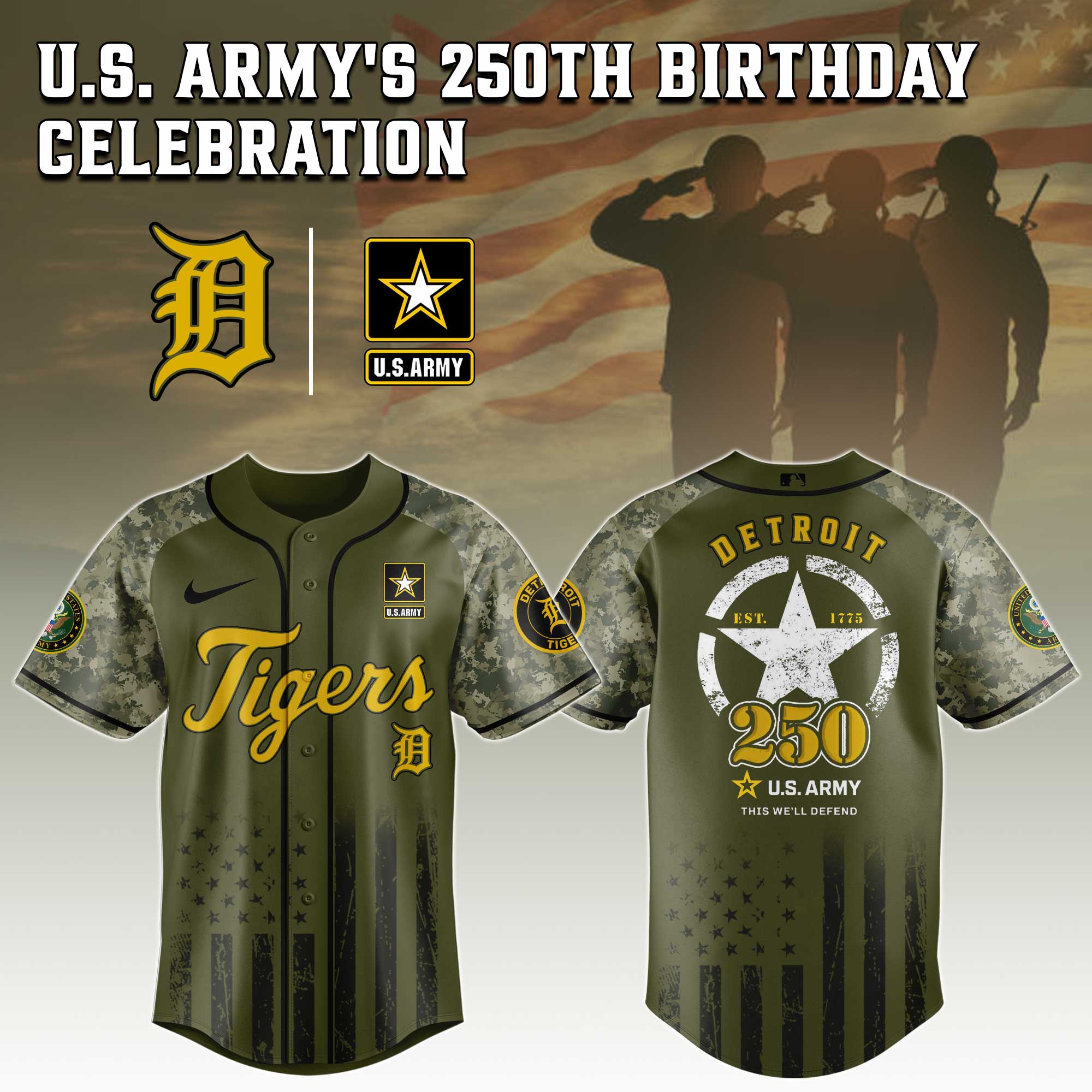 Detroit Tigers MLB x 250 U.S. ARMY Personalized Baseball Jersey For Fans