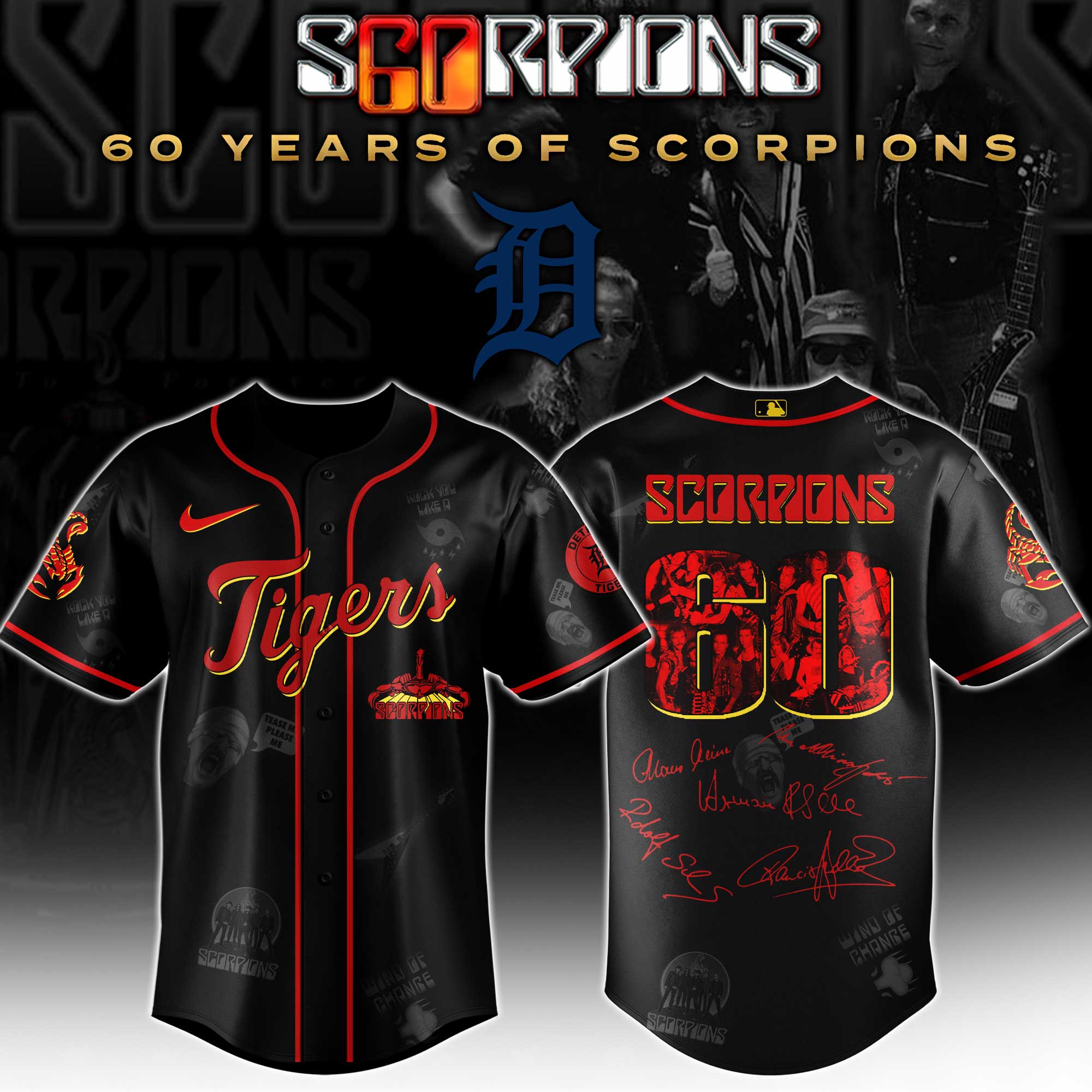 Detroit Tigers MLB x Scorpions 60th Anniversary Tour Personalized Baseball Jersey For Fans