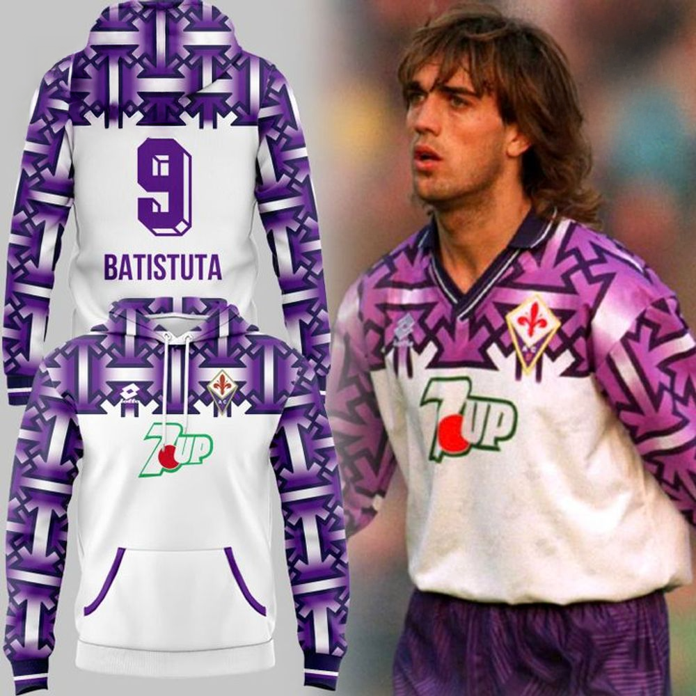 Fiorentina 1992 93 Away Kit 9 Batistuta Hoodie ACF Fiorentina Merch Perfect Fathers Day Gifts