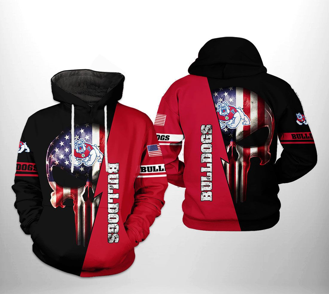 Fresno State Bulldogs NCAA US Flag Skull Hoodie  Zip Hoodie