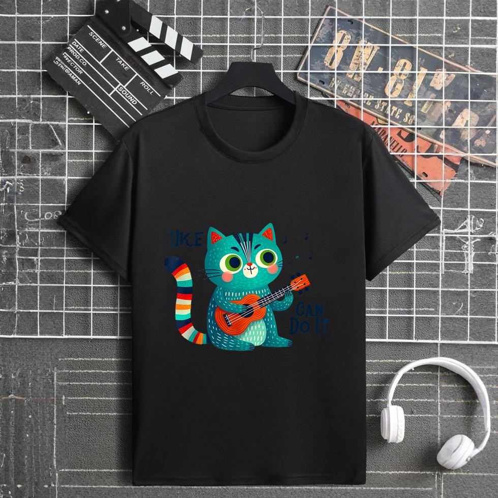 Funny Ukulele Playing Cat Uke Can Do It Whimsical Folk Music T-Shirt