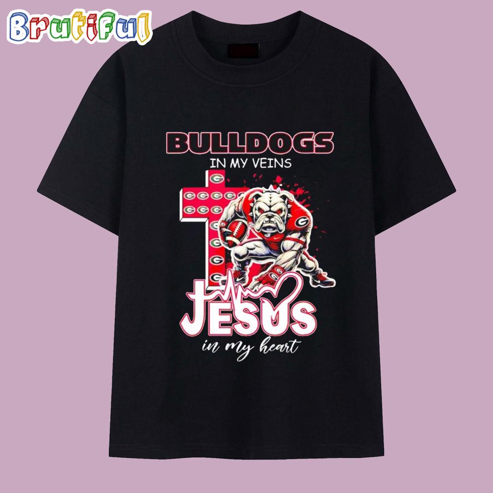 Georgia Bulldogs in My Veins Jesus in My Heart Cross Mascot T Shirt