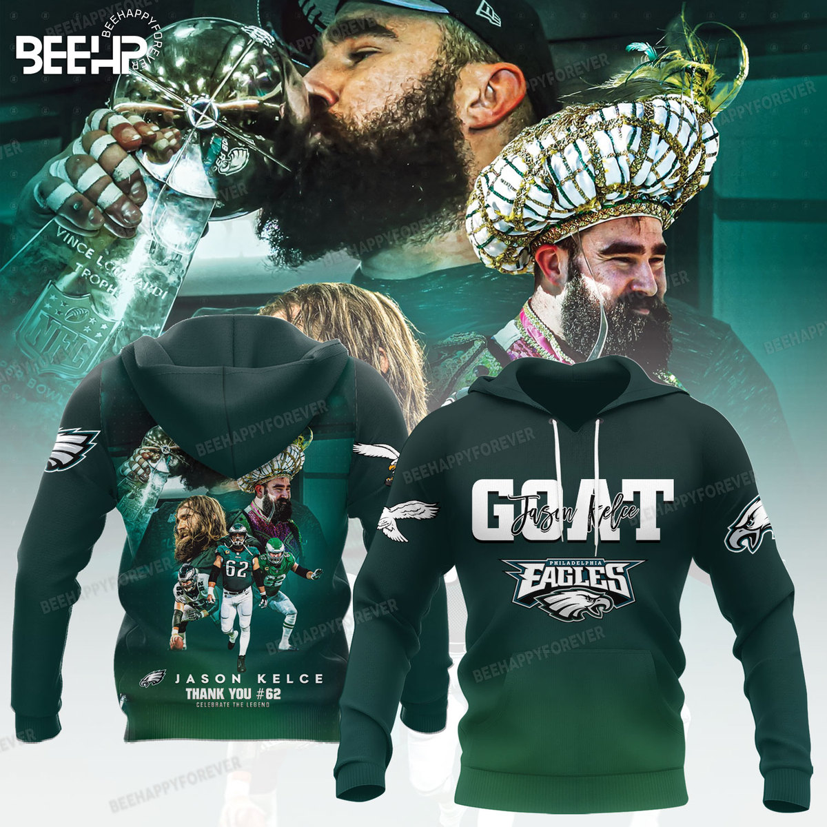 GOAT Jason Kelce 62 Philadelphia Eagles Midnight Green Hoodie