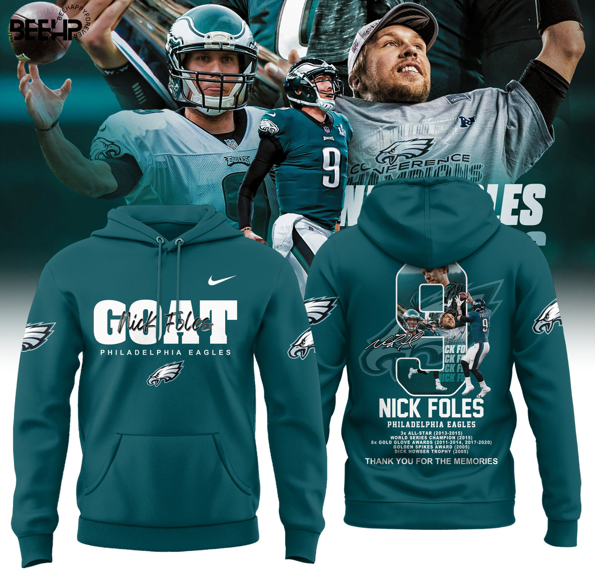 GOAT Nick Foles 9 Philadelphia Eagles Midnight Green Hoodie