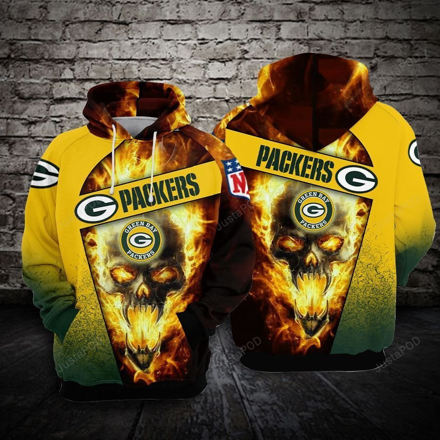 Green Bay Packers Nfl Football Skull Fire Hoodie Zip Hoodie