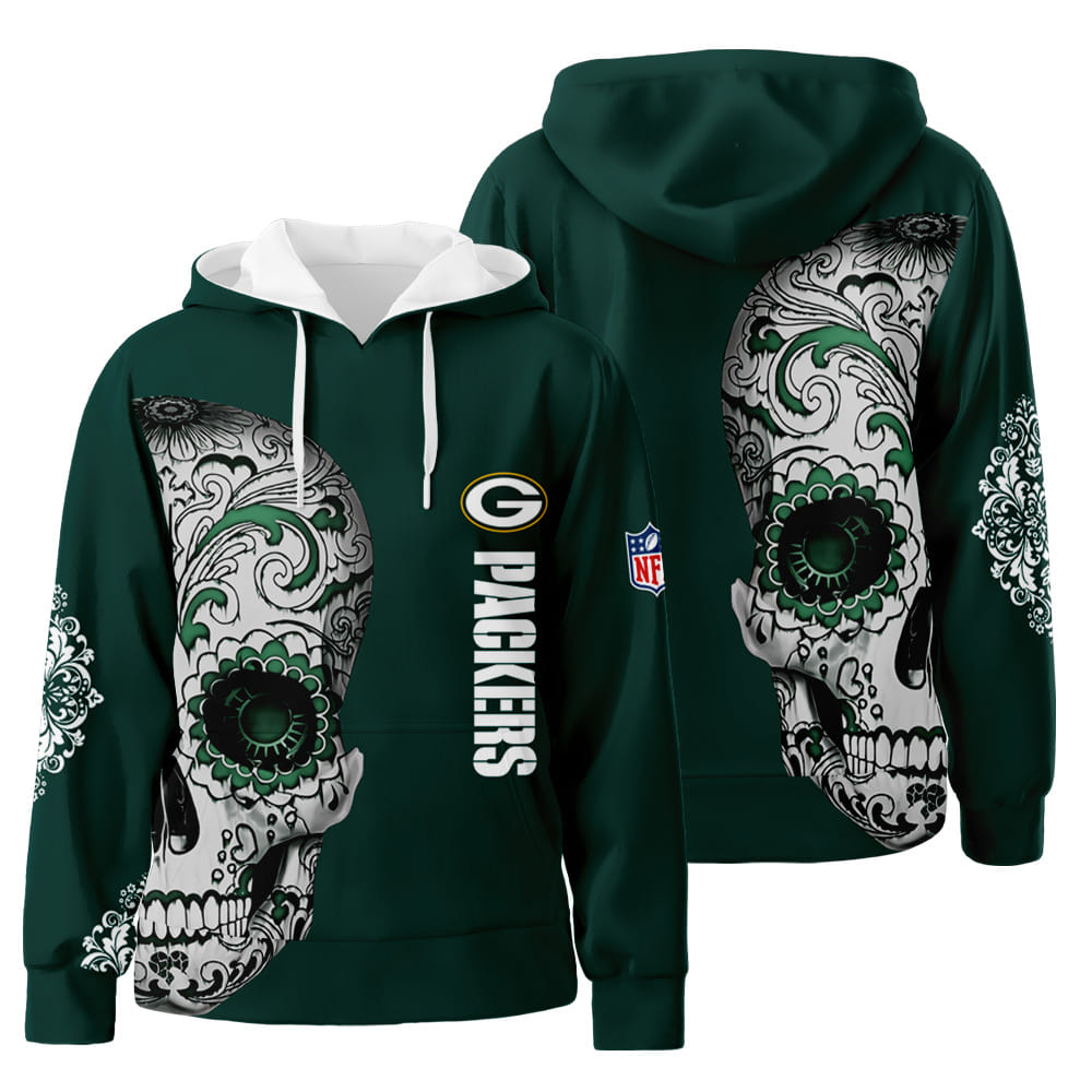 Green Bay Packers Nlf Fan Sugar Skull 3D All Over Print Hoodie Zip-Up Hoodie