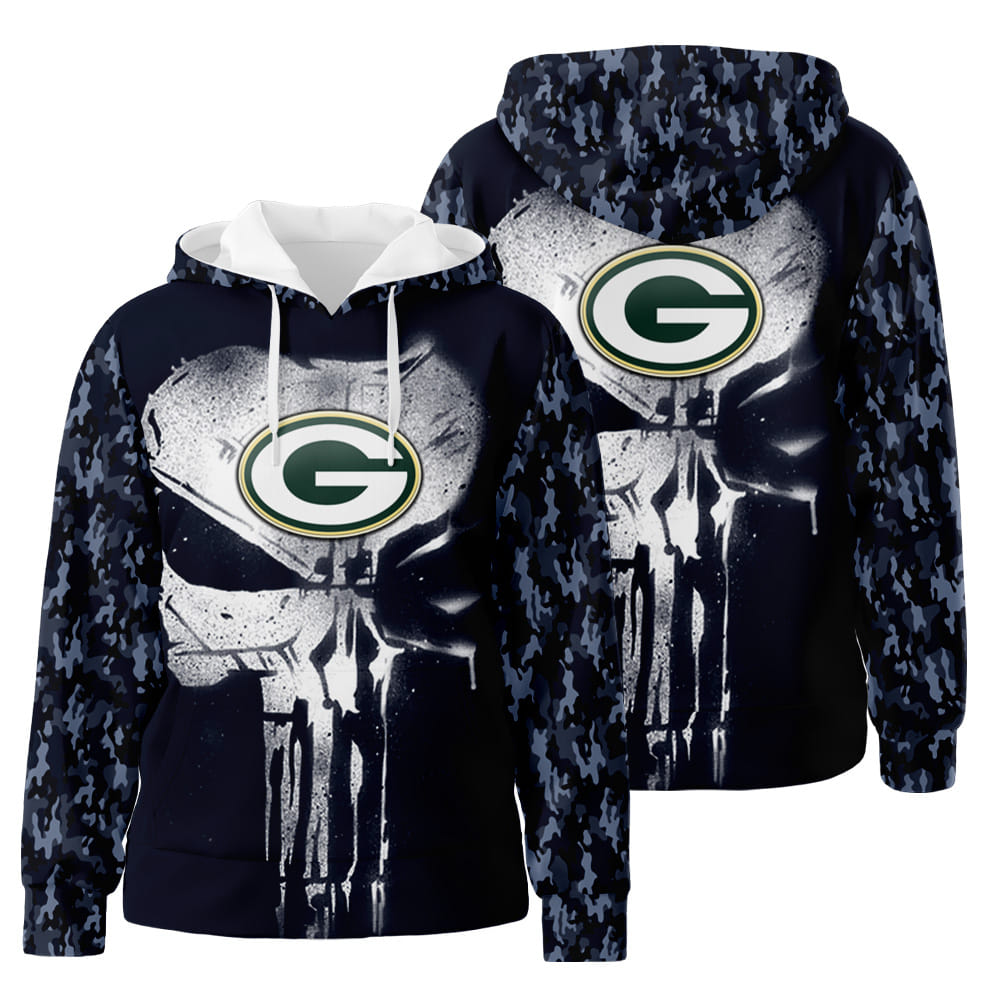 Green Bay Packers Skull Camo Pattern 3D All Over Print Hoodie Zip-Up Hoodie
