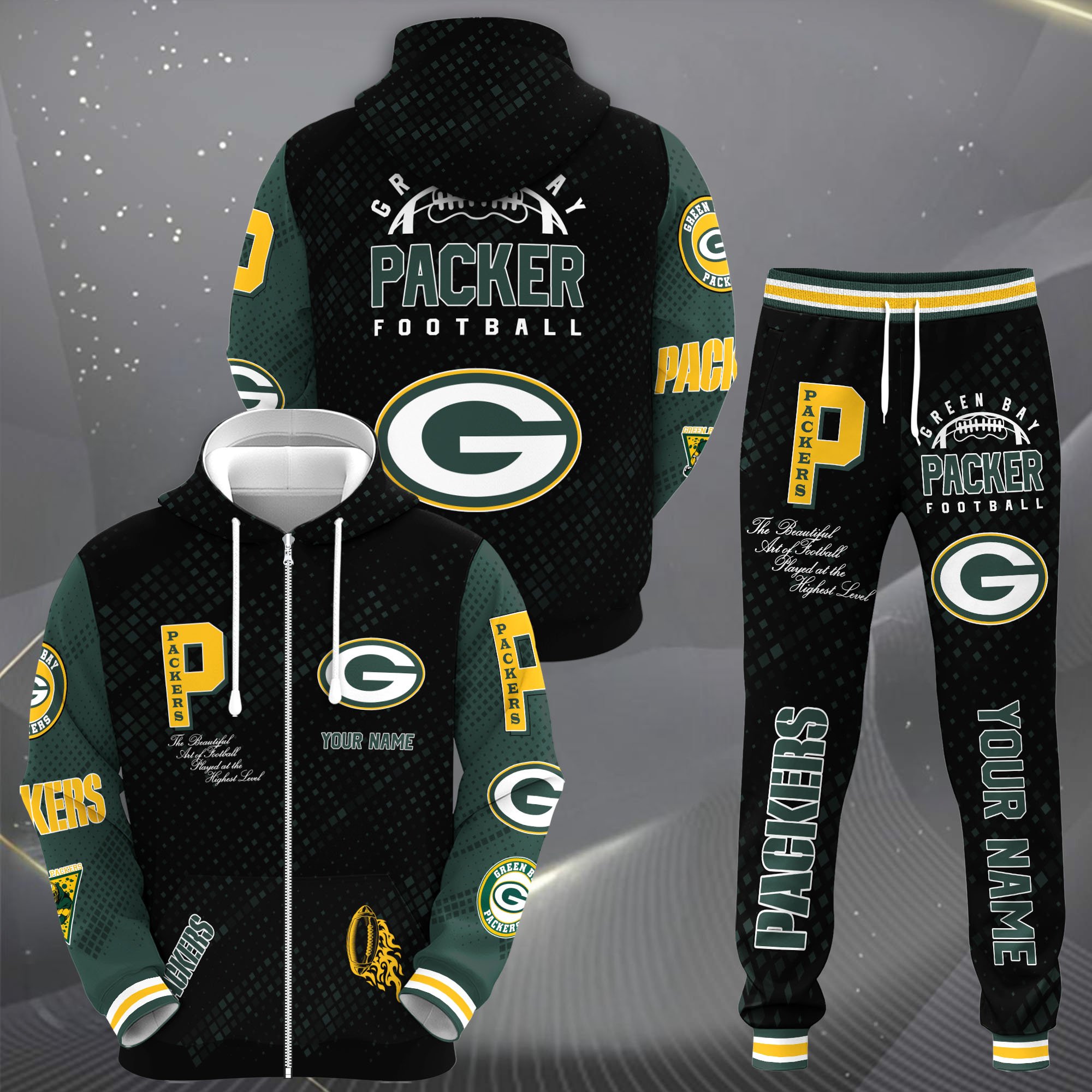 Green Bay Packers Zip Up Hoodie Joggers Set Custom Your name, Sport Zip Up Hoodie Joggers Set, Sport Gifts For Fan Gift For Sport Music Fans