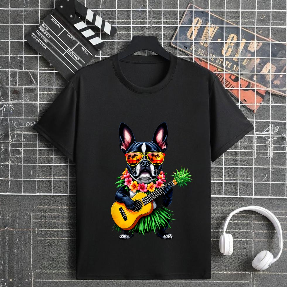 Hawaiian Boston Terrier & Pineapple Ukulele Summer Vacation T-Shirt