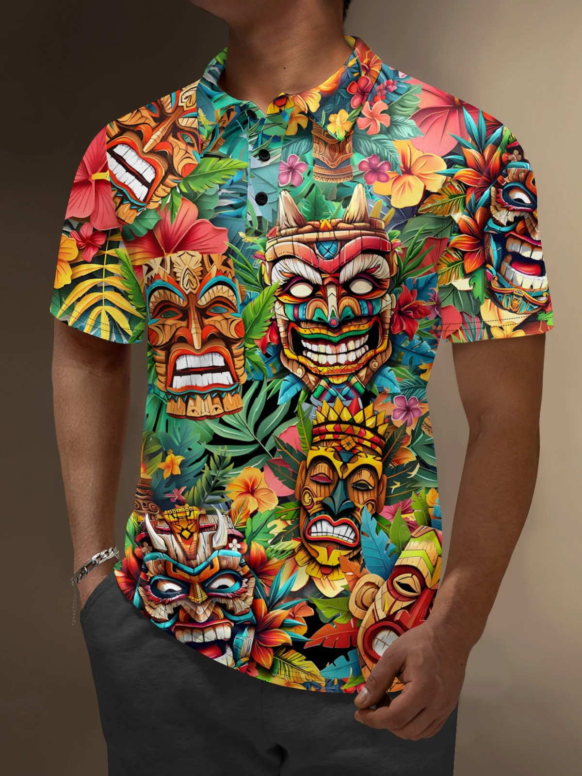 Hawaiian Tiki Flowers Golf Polo