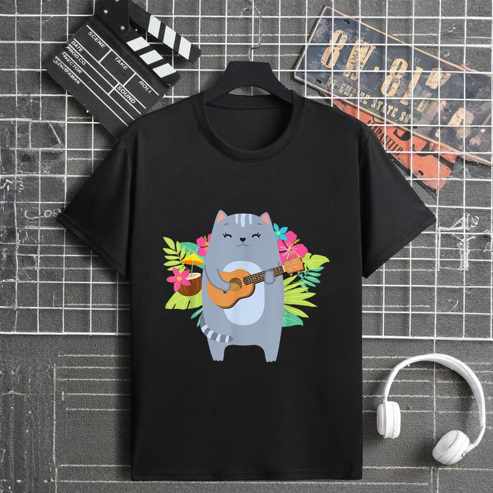Hawaiian Uke Cat Playing Ukulele Flower T-Shirt