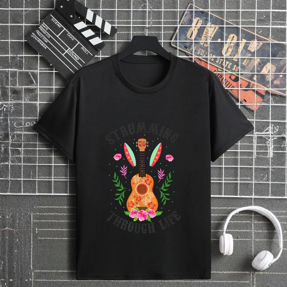 Hawaiian Ukulele Uke Strumming Through Life Flower T-Shirt