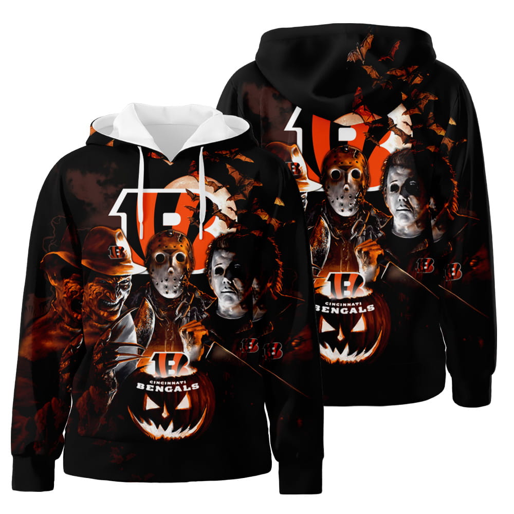 Horror Cincinnati Bengals Jason Voorhees Freddy Krueger Michael Myers Halloween 3D All Over Print Hoodie Zip-Up Hoodie