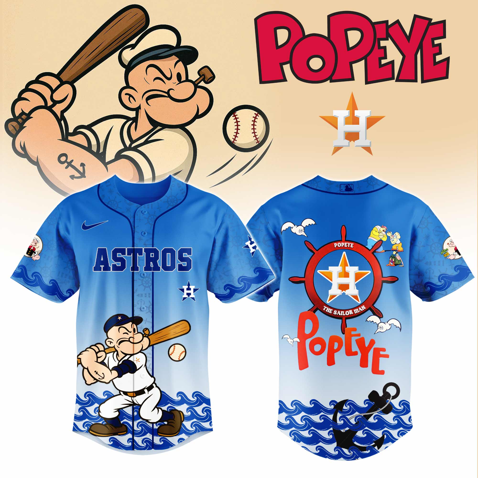 Houston Astros MLB x Popeye Personalized Baseball Jersey For Fan