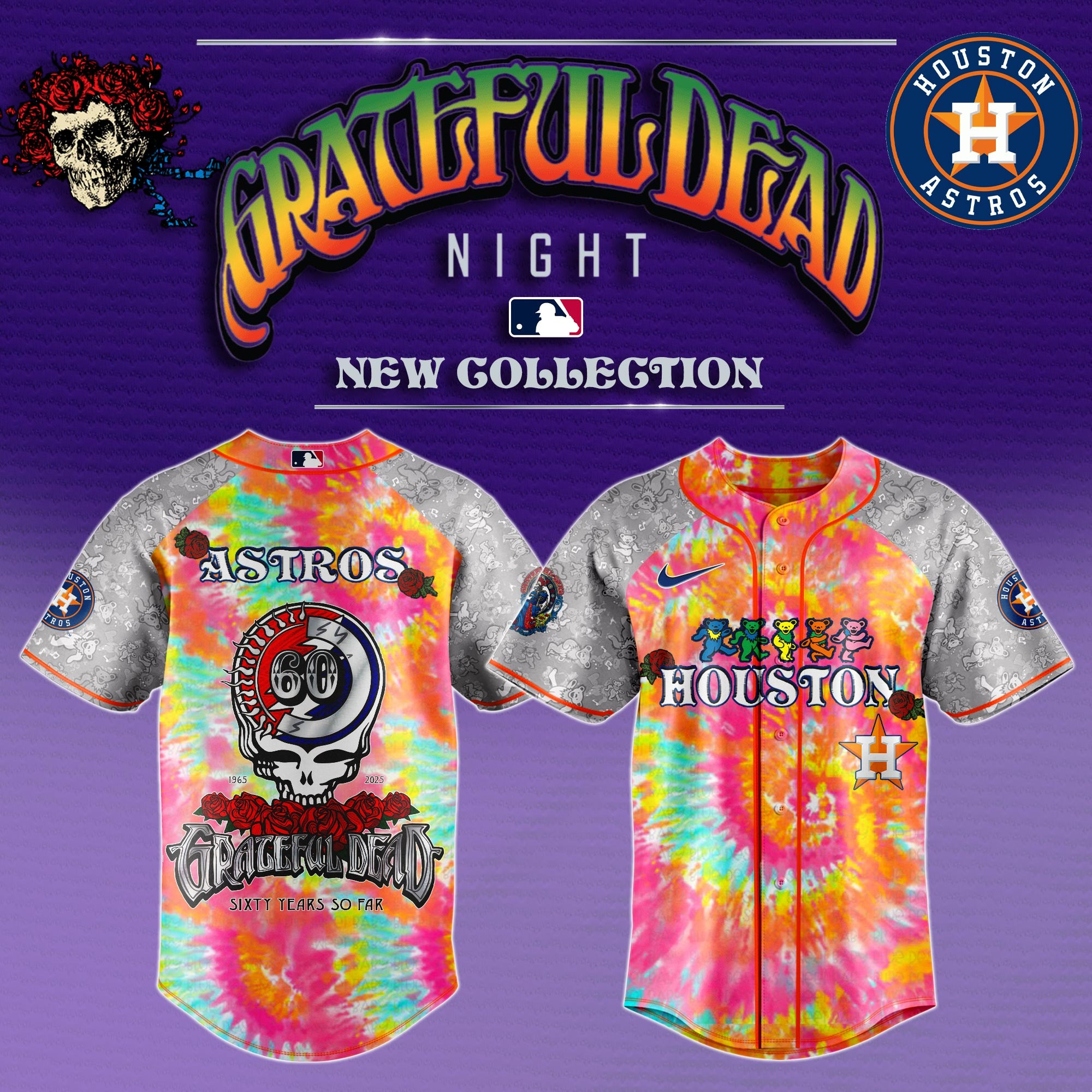 Houston Astros X Grateful Dead Bill Walton Tie Dye Jersey 2025 Baseball Fan Merch