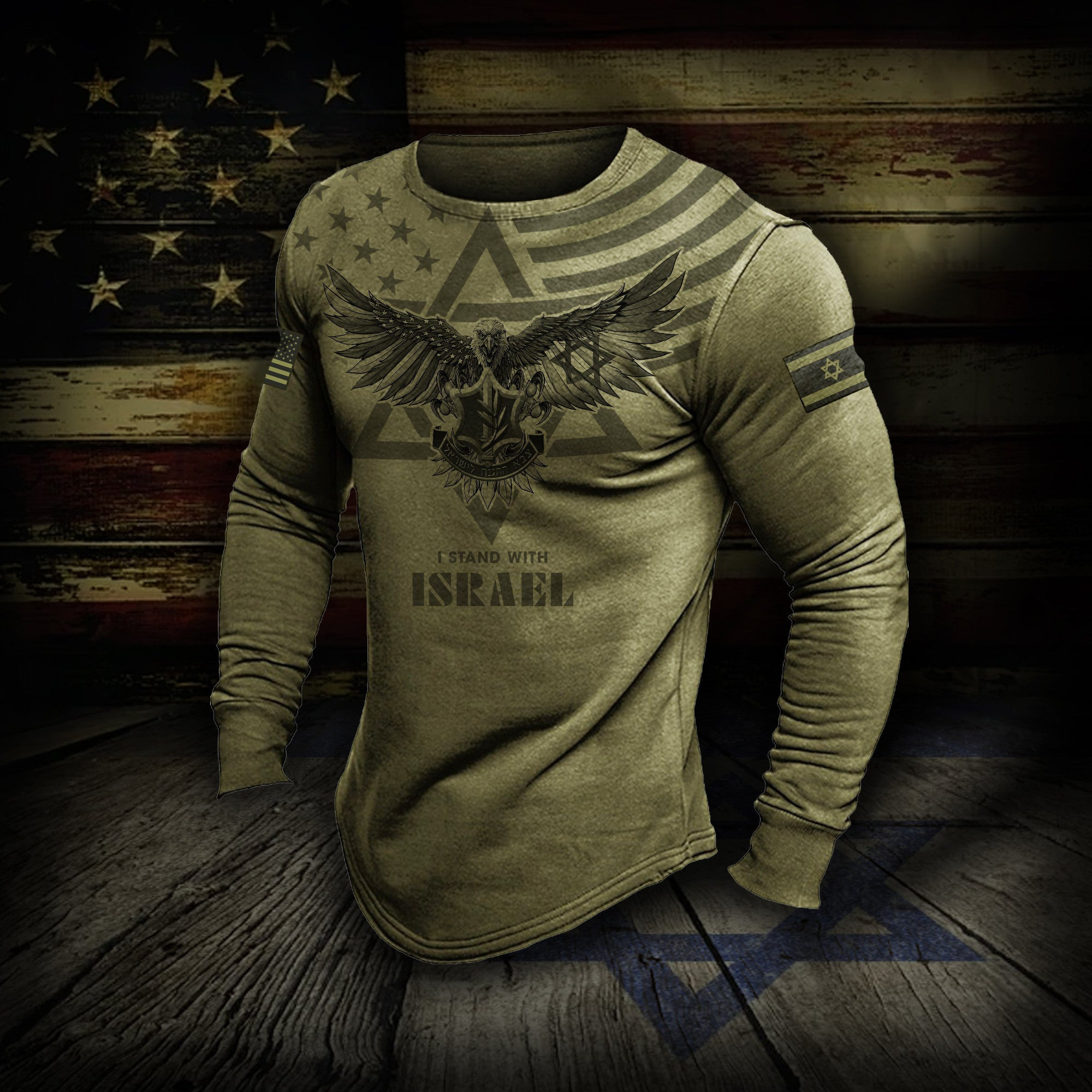 I Stand With Israel Rash Guard American And Israeli Flag Eagle Long Sleeve IDF Clothing Men