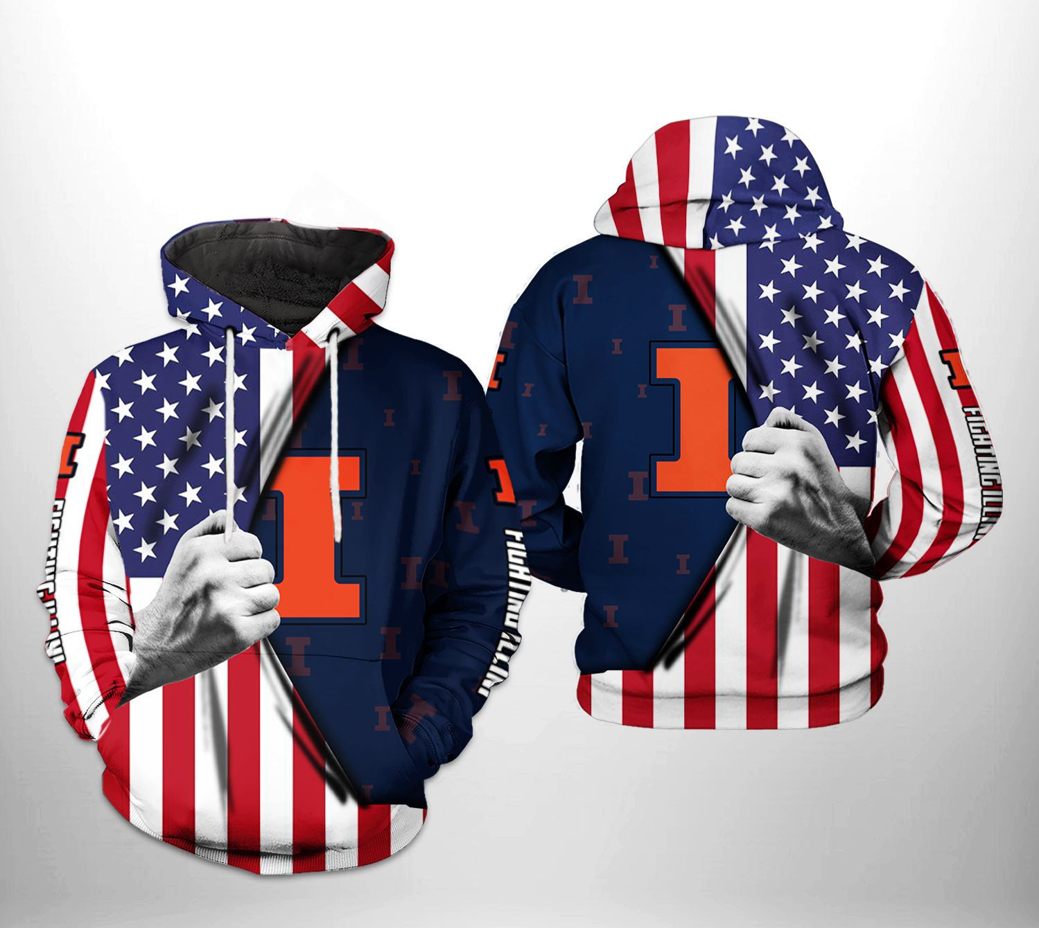 Illinois Fighting Illini NCAA US Flag Hoodie Zip Hoodie