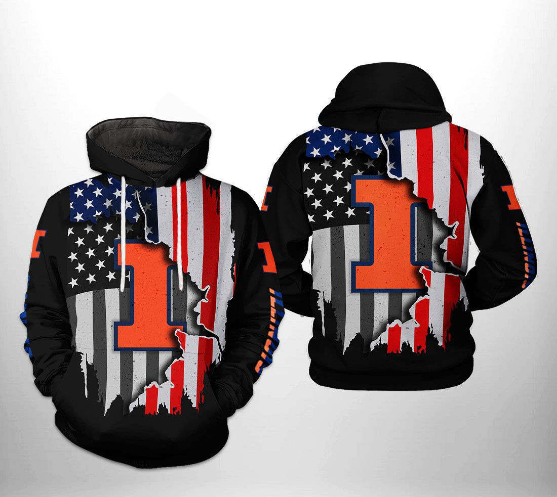 Illinois Fighting Illini NCAA US Flag Hoodie  Zip Hoodie Version 1065