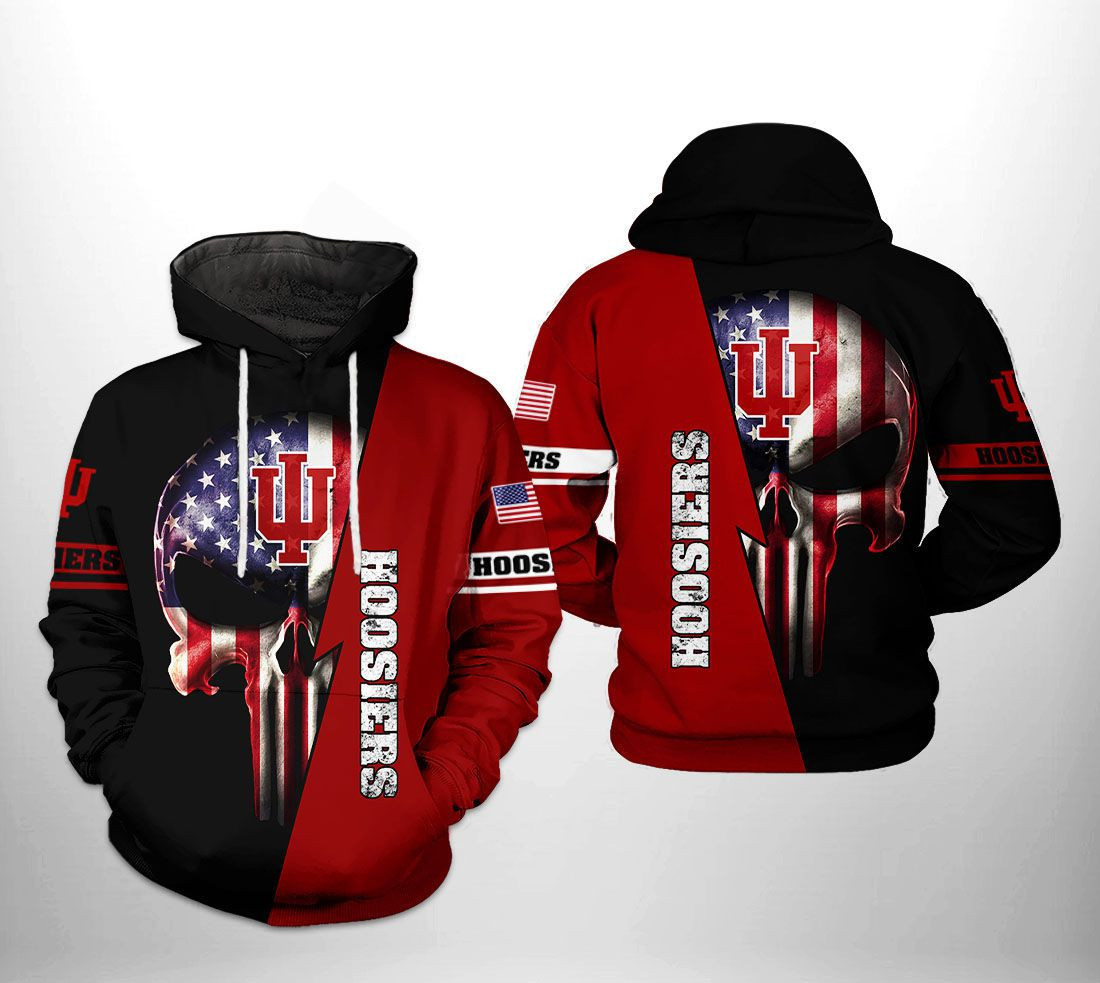 Indiana Hoosiers NCAA US Flag Skull Hoodie  Zip Hoodie
