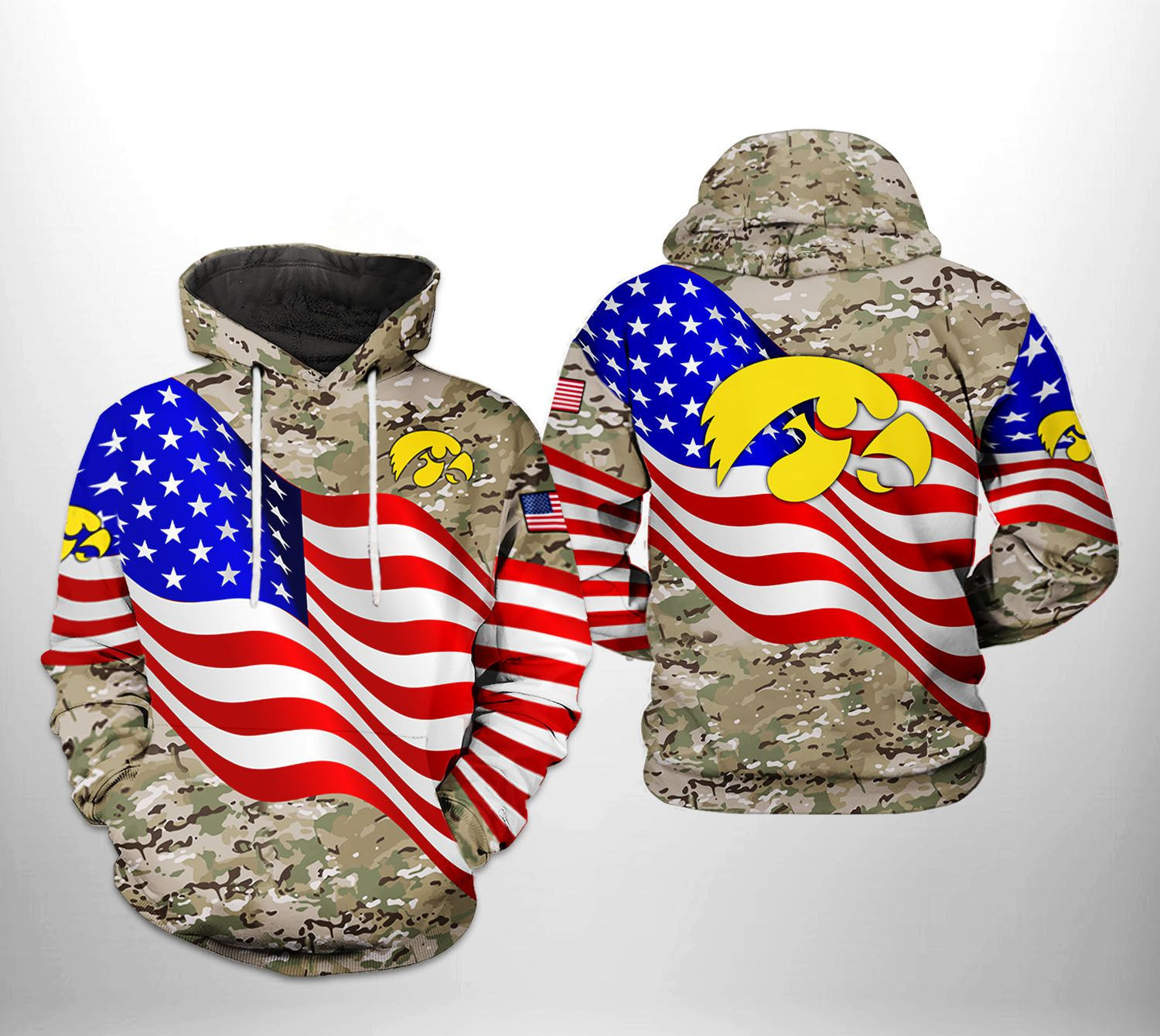 Iowa Hawkeyes NCAA US Flag Camo Veteran Hoodie  Zip Hoodie