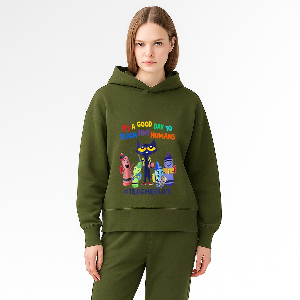 It's A Good Day To Teach Tiny Humans Teacher Life Cat Crayon Hoodie